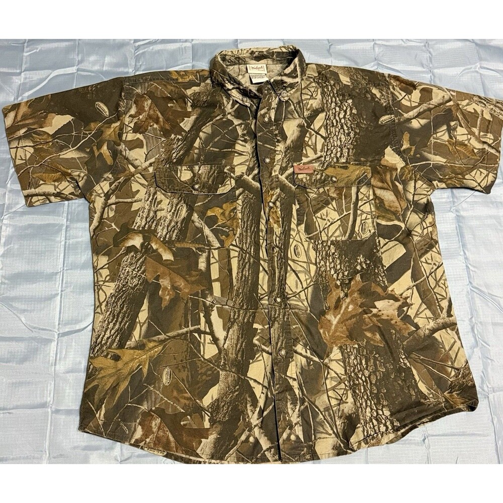 Vintage Woolrich Camo Short Sleeve Button Down Shirt Hunting Realtree VTG